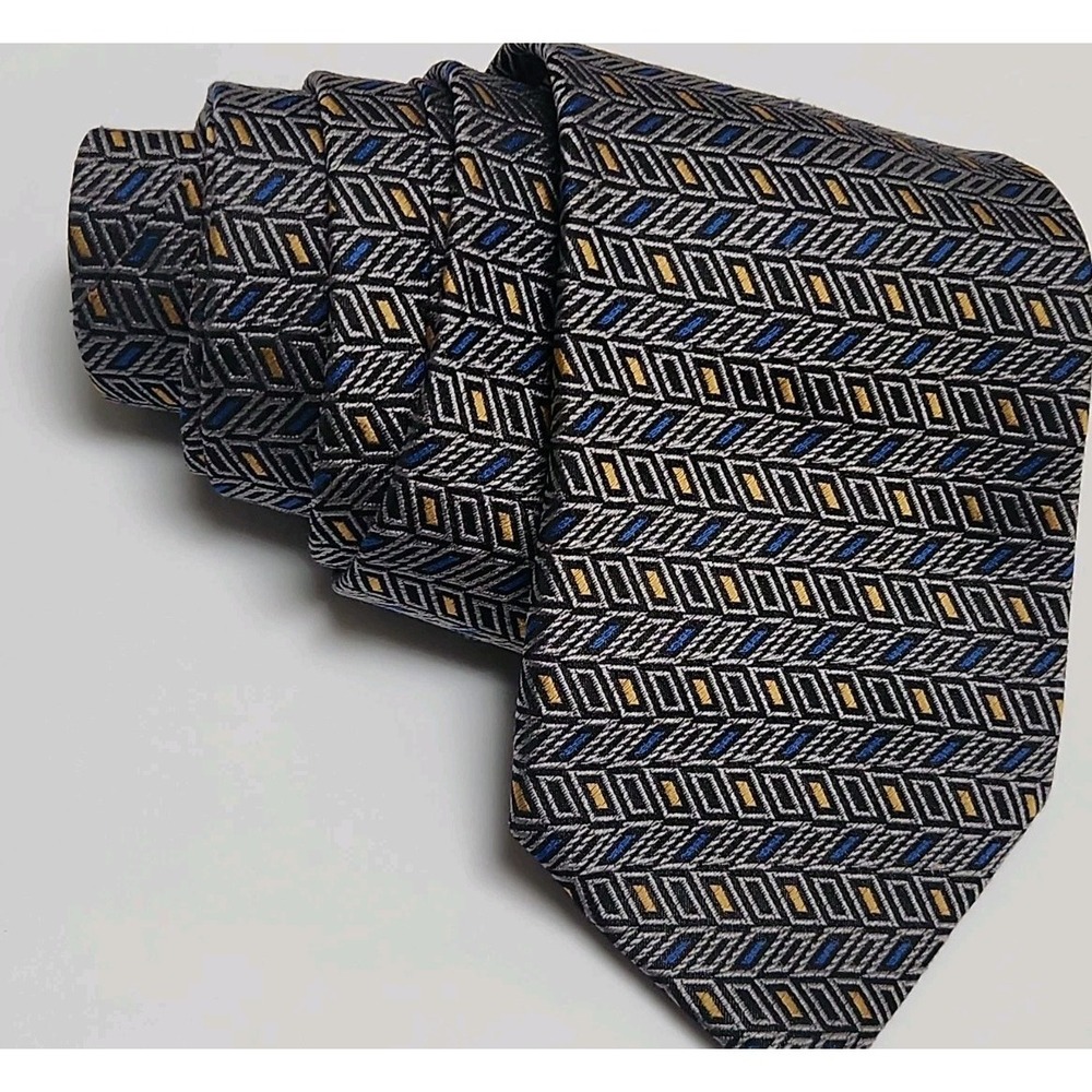 Blacker by Stanley Blacker Silk Tie Gray Blue Geometric Squares Made In Italy